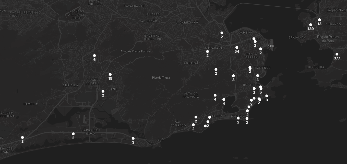 Mapa de contatos distribuídos pelo Rio de Janeiro e região metropolitana, incluindo bairros de diferentes regiões da cidade e Niterói
